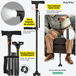 Canne de marche pliable tout-terrain avec LED et Alarme™